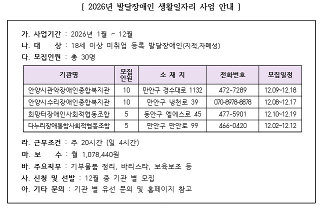 2026년 발달장애인 생활일자리 사업 안내 및 홍보 이미지