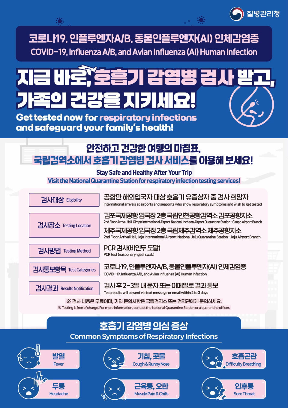 (질병관리청 한시적 시범사업) 여행자 호흡기 감염병 검사 서비스 안내 이미지