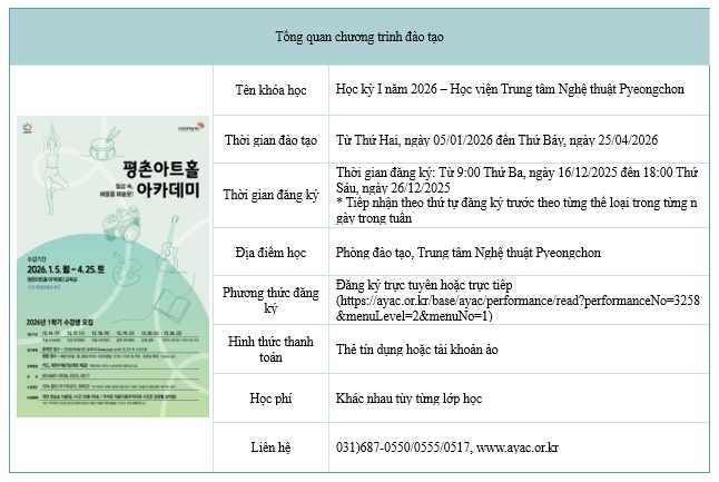 Thông báo Học kỳ I năm 2026 – Chương trình Học viện Trung tâm Nghệ thuật Pyeongchon 이미지