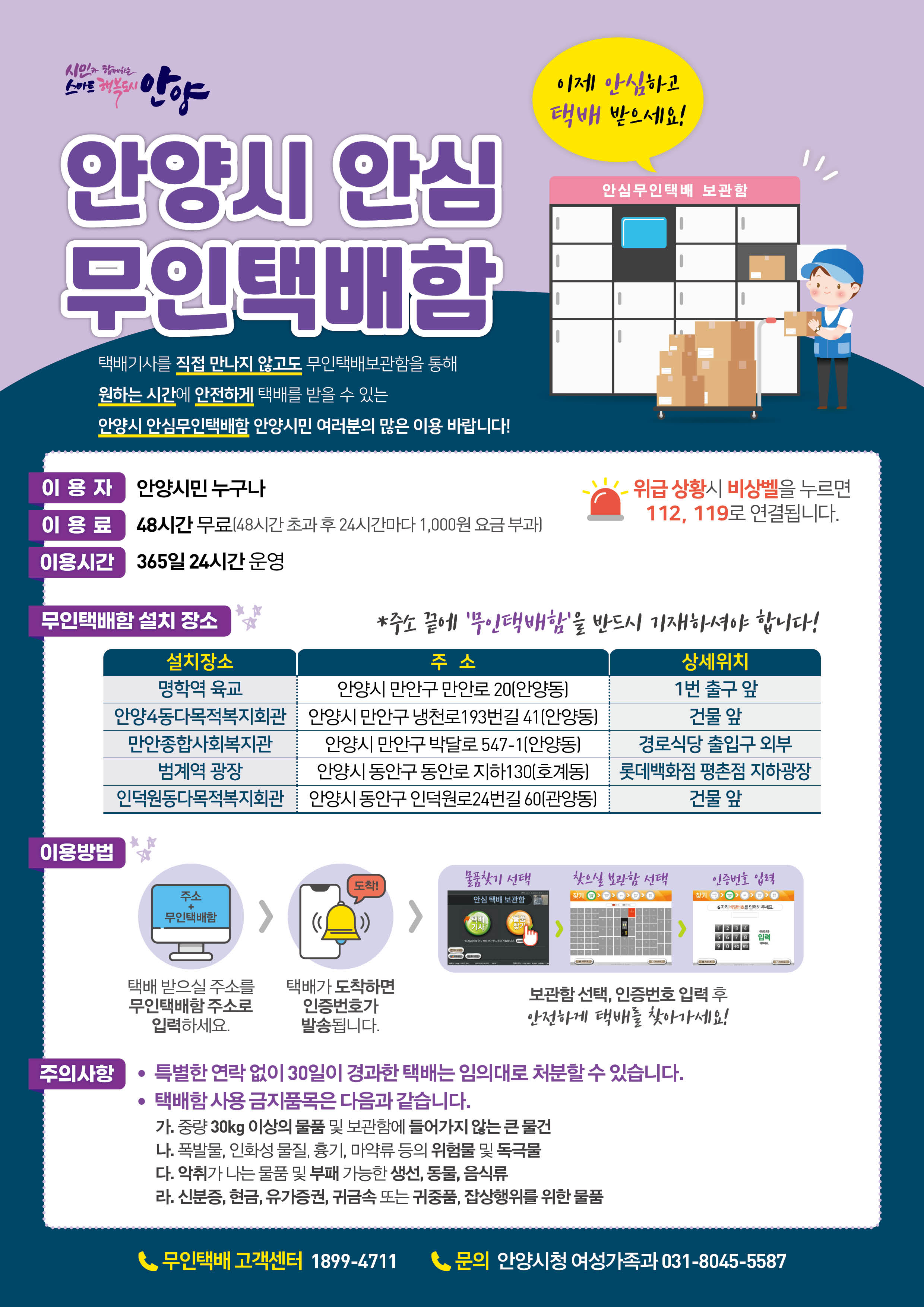 안양시 안심 무인택배함 택배기사를 직접 만나지 않고도 무인택배보관함을 통해 원하는 시간에 안전하게 택배를 받을 수 있는 안양시 안심무인택배함 안양시민 여러분의 많은 이용 바랍니다! 이용자 : 여성 및 안양시민 누구나, 이용료 : 48시간 무료(48시간 초과 후 24시간마다 1,000원 요금 부과), 이용시간 : 365일 24시간 운영, 무인택배함 설치 장소 : 명학역 육교 주소-안양시 만안구 만안로 20(안양동) 상세위치-1번 출구 앞, 안양4동다목적복지회관 주소-안양시 만안구 냉천로 193번길 41(안양동) 상세위치-건물 앞, 만안종합사회복지관 주소-안양시 만안구 박달로 547-1(안양동) 상세위치-경로식당 출입구 외부, 범계역 광장 주소-안양시 동안구 동안로 지하130(호계동) 상세위치-롯데백화점 평촌점 지하광장, 관양2동다목적복지회관 주소-안양시 동안구 인덕원로24번길 60(관양동) 상세위치-건물 앞, 이용방법 : 택배 받으실 주소를 무인택배함 주소로 입력하세요. > 택배가 도착하면 인증번호가 발송됩니다. > 보관함 선택, 인증번호 입력 후 안전하게 택배를 찾아가세요!(물품찾기 선택 > 찾으실 보관함 선택 > 인증번호 입력) 주의사항 : 1.특별한 연락 없이 30일이 경과한 택배는 임의대로 처분할 수 있습니다. 2.택배함 사용 금지품목은 다음과 같습니다. 가.중량 30kg 이상의 물품 및 보관함에 들어가지 않는 큰 물건 나.폭발물, 인화성 물질, 흉기, 마약류 등의 위험물 및 독극물 다.악취가 나는 물품 및 부패 가능한 생선, 동물, 음식류 라.현금, 유가증권, 귀금속 또는 귀중품(10만원이상), 잡상행위를 위한 물품 무인택배 고객센터 1899-4711 문의 안양시청 여성가족과 031-8045-5587