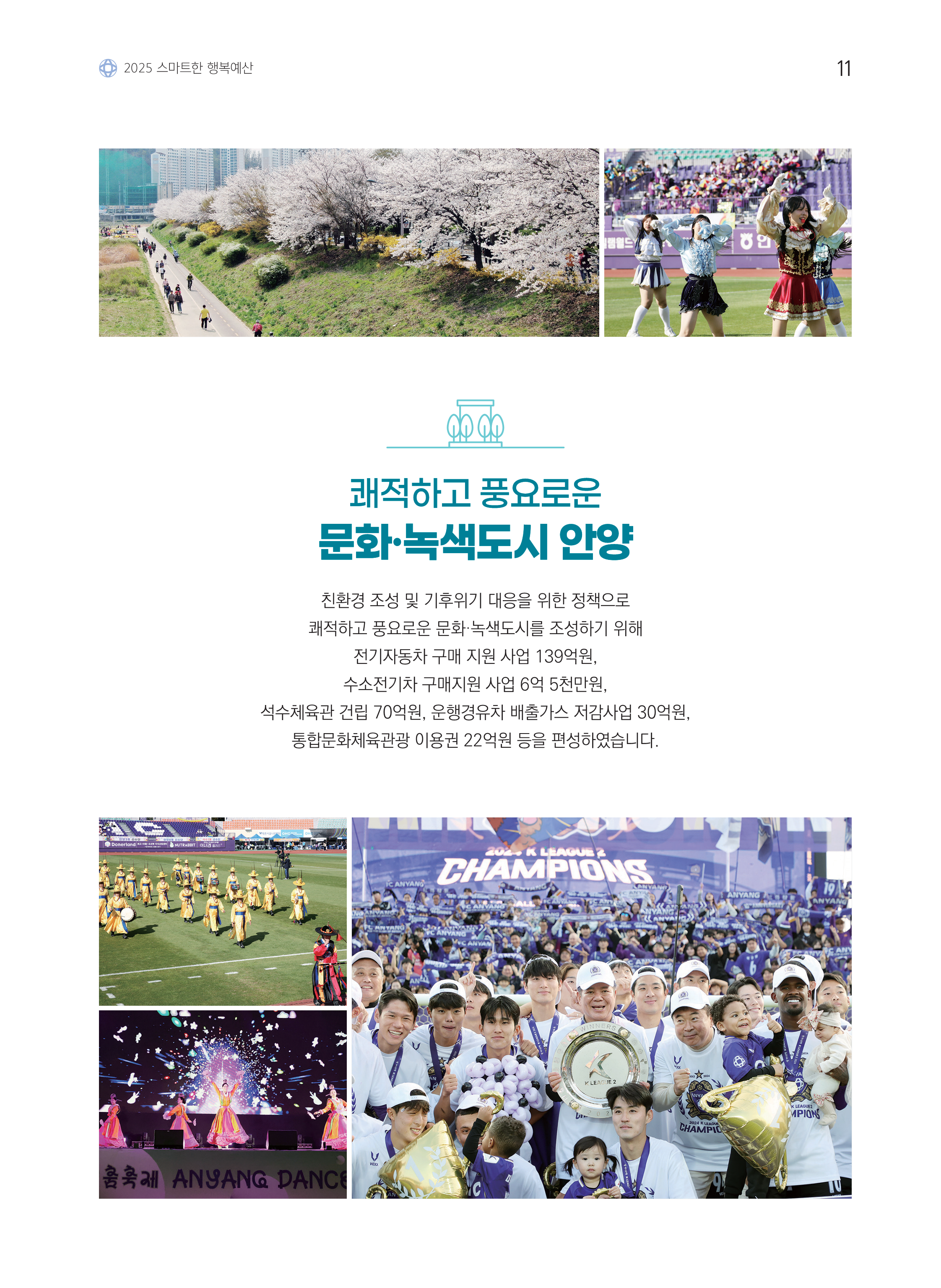 2025 스마트한 행복예산 / 쾌적하고 풍요로운 문화·녹색도시 안양 / 친환경 조성 및 기후위기 대응을 위한 정책으로 쾌적하고 풍요로운 문화·녹색도시를 조성하기 위해 전기자동차 구매 지원 사업 139억원, 수소전기차 구매지원 사업 6억 5천만원, 석수체육관 건립 70억원, 운행경유차 배출가스 저감사업 30억원, 통합문화체육관광 이용권 22억원 등을 편성하였습니다.