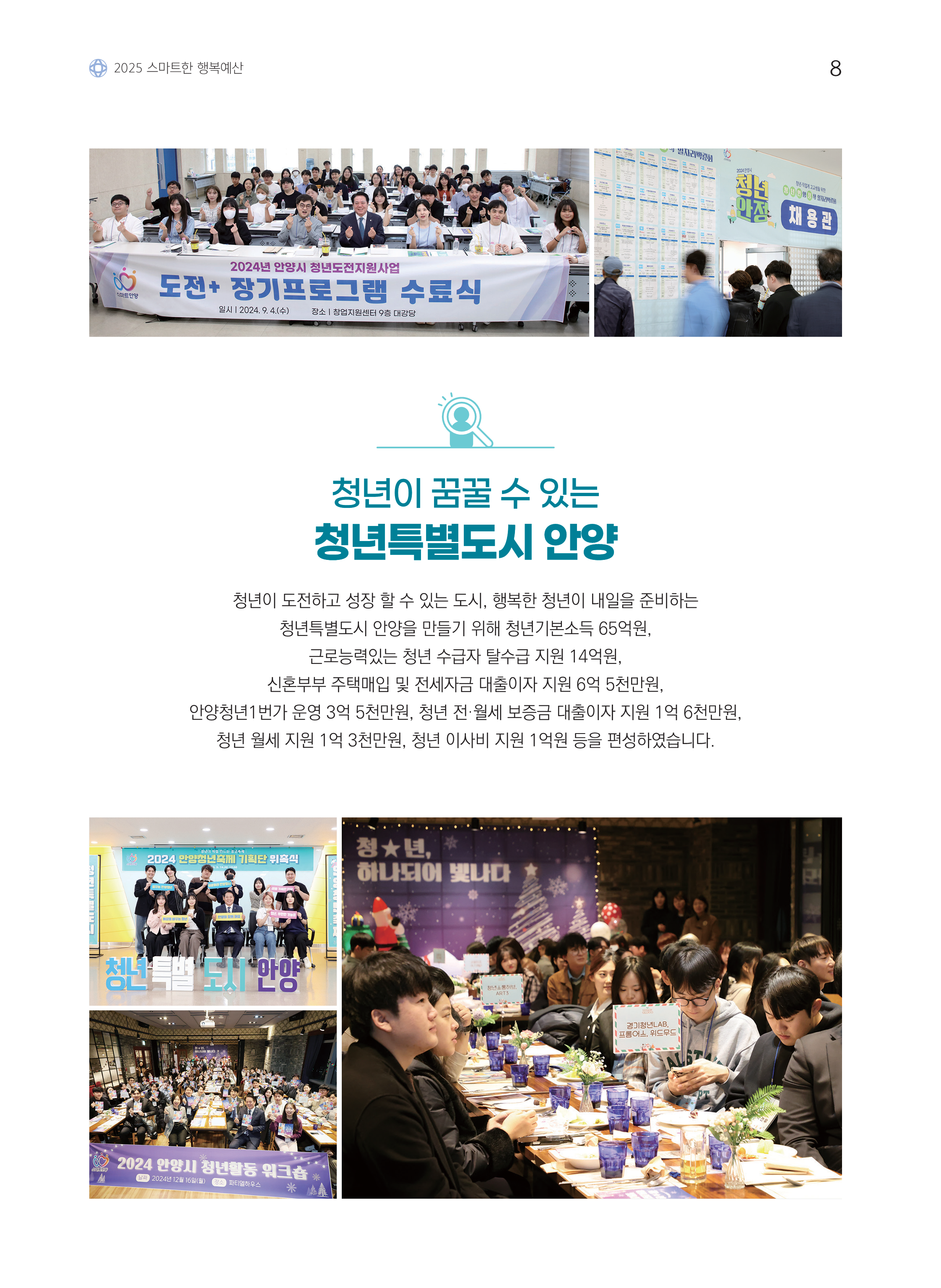 2025 스마트한 행복예산 / 청년이 꿈꿀 수 있는 청년특별도시 안양 / 청년이 도전하고 성장 할 수 있는 도시, 행복한 청년이 내일을 준비하는 청년특별도시 안양을 만들기 위해 청년기본소득 65억원, 근로능력있는 청년 수급자 탈수급 지원 14억원, 신혼부부 주택매입 및 전세자금 대출이자 지원 6억 5천만원, 안양청년1번가 운영 3억 5천만원, 청년 전·월세 보증금 대출이자 지원 1억 6천만원, 청년 월세 지원 1억 3천만원, 청년 이사비 지원 1억원 등을 편성하였습니다.