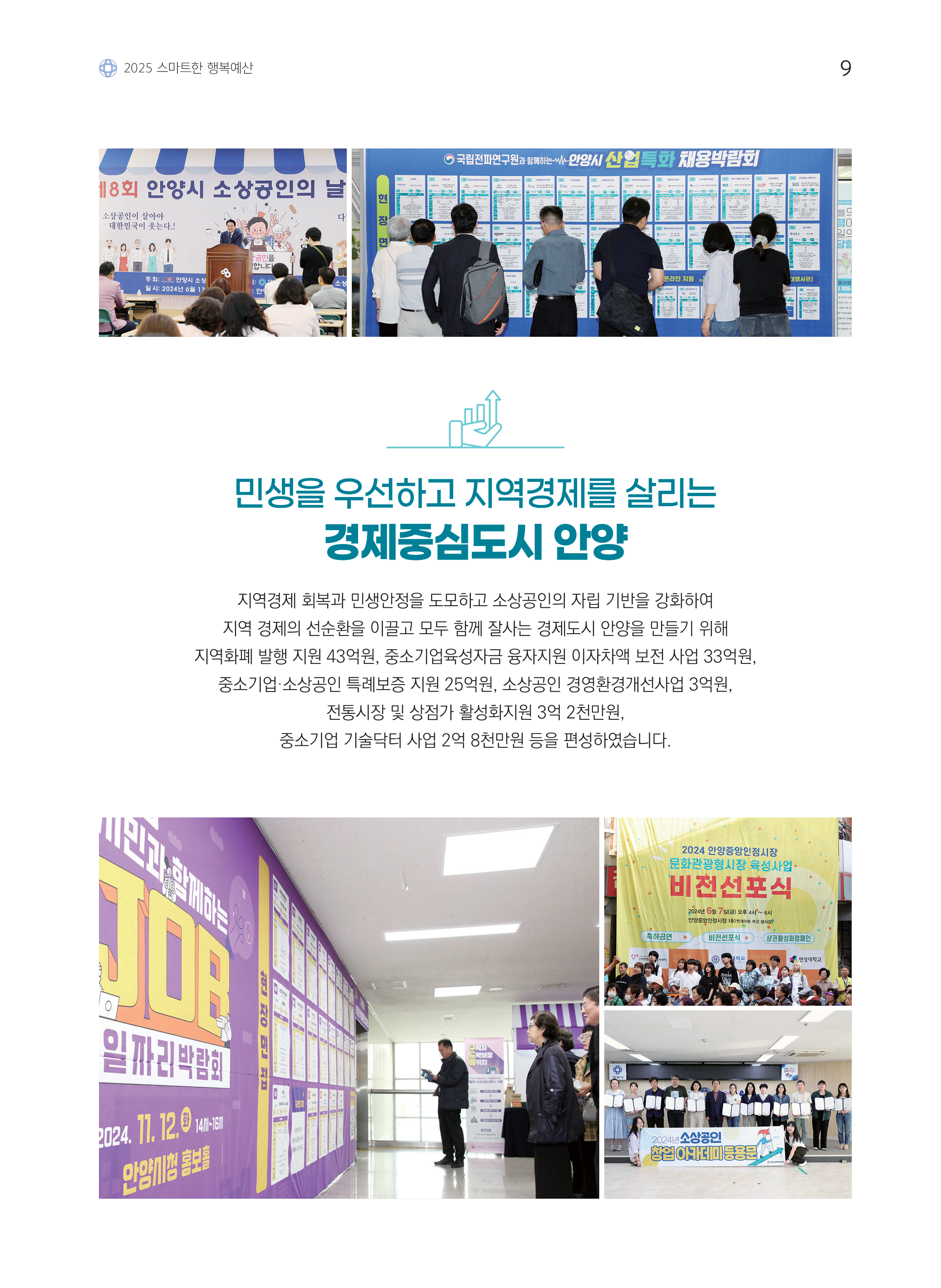 2025 스마트한 행복예산 / 민생을 우선하고 지역경제를 살리는 경제중심도시 안양 / 지역경제 회복과 민생안정을 도모하고 소상공인의 자립 기반을 강화하여 지역 경제의 선순환을 이끌고 모두 함께 잘사는 경제도시 안양을 만들기 위해 지역화폐 발행 지원 43억원, 중소기업육성자금 융자지원 이자차액 보전 사업 33억원, 중소기업·소상공인 특례보증 지원 25억원, 소상공인 경영환경개선사업 3억원, 전통시장 및 상점가 활성화지원 3억 2천만원, 중소기업 기술닥터 사업 2억 8천만원 등을 편성하였습니다
