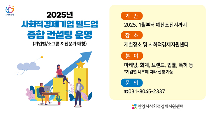 2025년 사회적경제기업 빌드업 종합컨설팅 운영 2025년 사회적경제기업 빌드업 종합컨설팅 운영(기업별/소그룹 & 전문가 매칭) / 기간 : 2025. 1월 부터 예산소진시까지 / 장소 : 개별장소 및 사회적경제지원센터 / 분야 : 마케팅, 회계, 브랜드, 법률, 특허 등 *기업별 니즈에 따라 신청가능 / 문의 : 031-8045-2337 / 안양시사회적경제지원센터