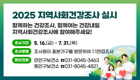 2025 지역사회건강조사 실시
함께하는 건강조사, 함께여는 건강내일
지역사회건강조사에 참여해주세요!
○기간: 2025년 5월16일(금)~7월31일(목)
○조사방법: 조사원이 표본가구를 방문하여 1:1면접조사
○문의: 만안구보건소 ☎031-8045-3463, 동안구보건소 ☎031-8045-4821