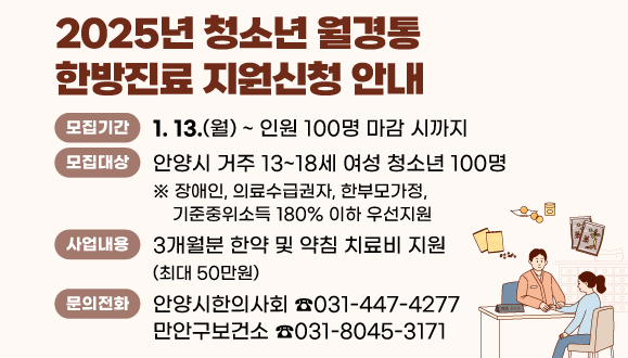 2025년 청소년 월경통 한방진료 지원신청 안내
○모집기간: 2025. 1. 13. ~ 인원 100명 마감 시까지
○모집대상: 안양시 거주 13~18세 여성 청소년 100명
※ 장애인, 의료수급권자, 한부모가정, 기준중위소득 180% 우선지원
○사업내용: 3개월분 한약 및 약침 치료비 지원(최대 50만원)
○문의: 안양시한의사회 ☎031-447-4277, 만안구보건소 ☎031-8045-3171