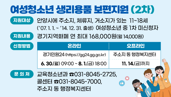 2025년 여성청소년 생리용품 보편지원 2차
○ 지원대상: 안양시에 주소지, 체류지, 거소지가 있는 11~18세 (‘07.1.1.~‘14.12.31출생) 여성청소년 중 1차 미신청자
○ 지원내용: 경기지역화폐 연 최대 168,000원(월 14,000원)
○ 문의처: 교육청소년과(☎031-8045-2725), 콜센터(☎031-8045-7000), 주소지 동 행정복지센터