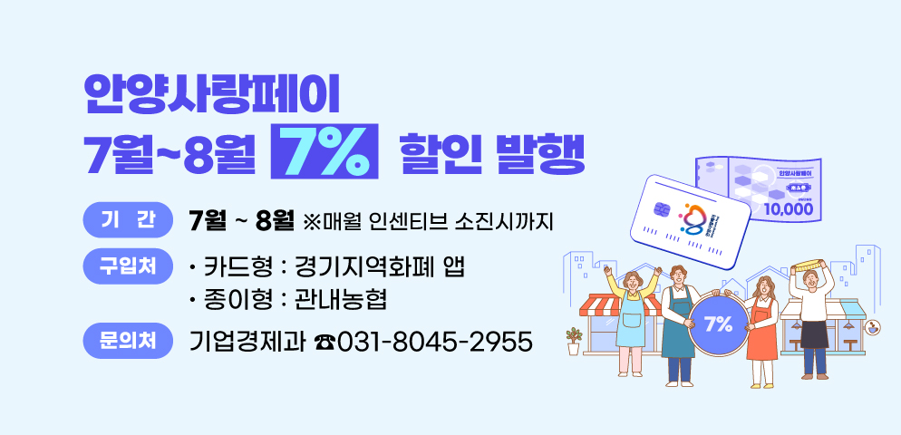 안양사랑페이 7~8월 7%할인 발행
○기간 : 2025. 7월 ~ 8월 ※ 매월 인센티브 소진시까지
○구입처 : 카드형-경기지역화폐 앱, 종이형-관내농협
○문의처 : 안양시청 기업경제과(8045-2955)