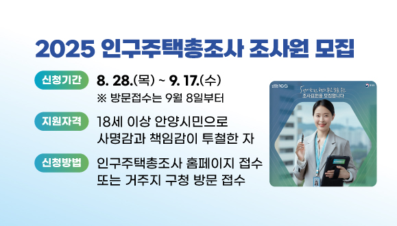 2025 인구주택총조사 조사원 모집
○ 신청기간: 8. 28.(목) ~ 9. 17.(수) (방문접수는 9월 8일부터)
○ 지원자격: 18세 이상 안양시민으로 사명감과 책임감이 투철한 자
○ 신청방법: 인구주택총조사 홈페이지 접수 또는 거주지 구청 방문 접수
