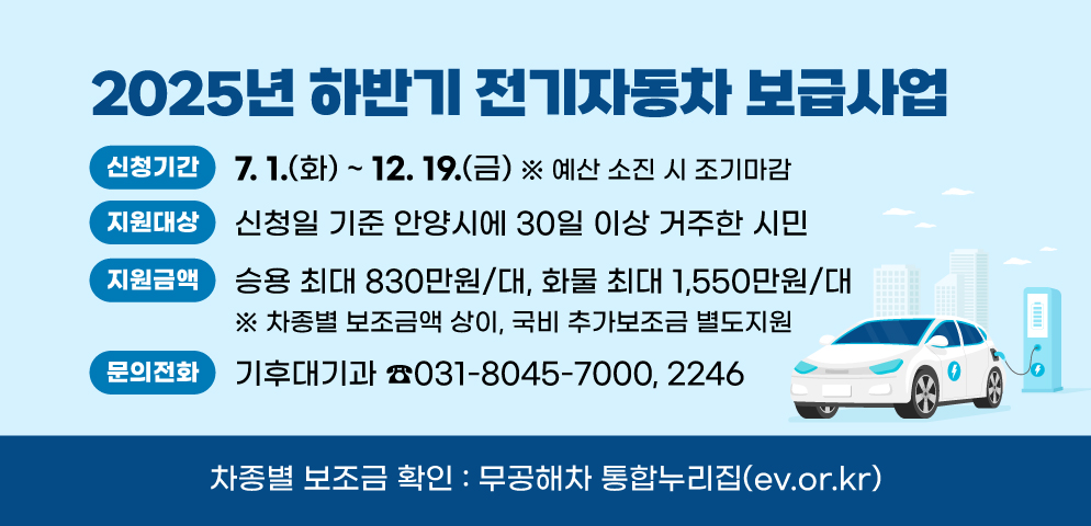 2025년 하반기 전기자동차 보급사업
○ 신청기간 : 2025. 7. 1. ~ 12. 19. ※ 예산 소진 시 조기마감
○ 지원대상 : 신청일 기준 안양시에 30일 이상 거주한 시민
○ 지원금액 : 승용 최대 830만원/대, 화물 최대 1,550만원/대
   ※ 차종별 보조금액 상이, 국비 추가보조금 별도지원 
○ 문   의 : 안양시청 기후대기과(☎031-8045-7000, 2246)
○ 차종별 보조금 확인 : 무공해차 통합누리집(ev.or.kr)