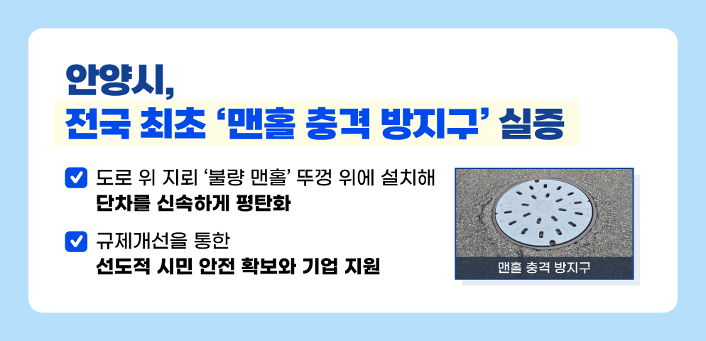 안양시, 전국 최초 ‘맨홀 충격 방지구’ 실증 
도로 위 지뢰 ‘불량 맨홀’ 뚜껑 위에 설치해 단차를 신속하게 평탄화 
“규제개선을 통한 선도적 시민 안전 확보와 기업 지원”