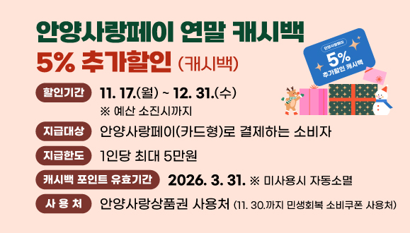 「안양사랑페이 연말 캐시백」 5% 추가할인(캐시백)
○ 기    간: 11. 17.(월) ~ 12. 31.(수) ※ 예산 소진시까지
○ 지급대상: 안양사랑페이(카드형)로 결제하는 소비자(결제금액 중 사용자 충전금에 한하며, 정책수당 및 인센티브 제외)
○ 지급한도: 1인당 최대 5만원
○ 캐시백 포인트 유효기간: 2026. 3. 31. ※ 미사용시 자동소멸
○ 사 용 처: 안양사랑상품권 사용처 (11. 30.까지 민생회복 소비쿠폰 사용처)