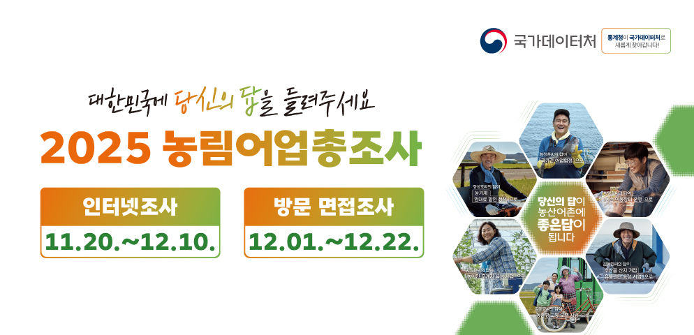 대한민국에 당신의 답을 들려주세요
2025 농림어업총조사
○ 인터넷조사: 11. 20. ~ 12. 10.
○ 방문 면접조사: 12. 1. ~ 12. 22.