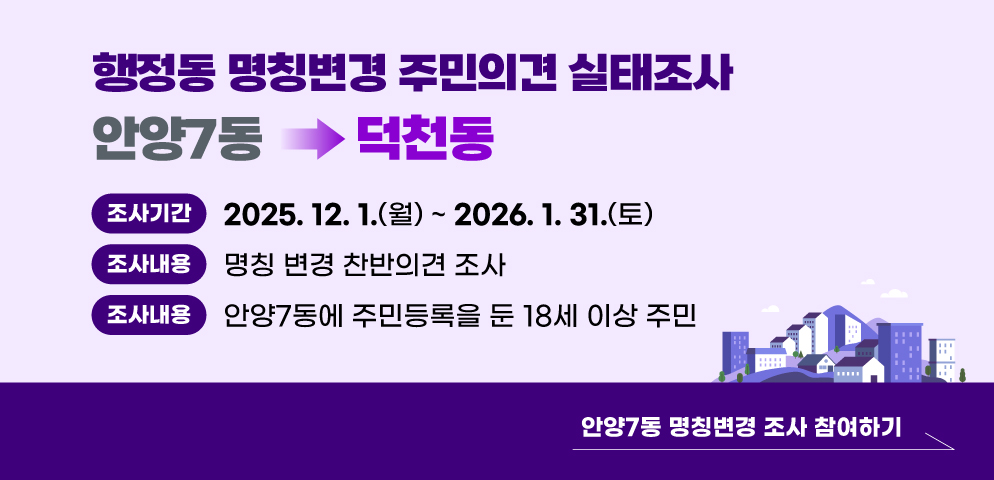 안양7동 행정동 명칭변경 주민의견 실태조사
○ 조사기간: 2025. 12. 1.(월) ~ 2026. 1. 31.(토)
○ 조사내용: 안양7동→덕천동 명칭변경 찬반의견 조사
○ 조사대상: 안양7동에 주민등록을 둔 18세 이상 주민