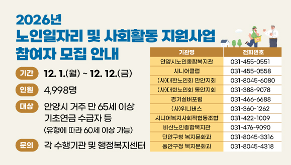 2026년 노인일자리 및 사회활동 지원사업 참여자 모집 안내
○ 기 간 : 2025. 12. 1.(월) ~ 12.(금)
○ 인 원 : 4,998명 
○ 대 상 : 안양시 거주 만 65세 이상 기초연금 수급자 등
          (유형에 따라 60세 이상 가능) 
○ 문 의 : 각 수행기관 및 동 행정복지센터