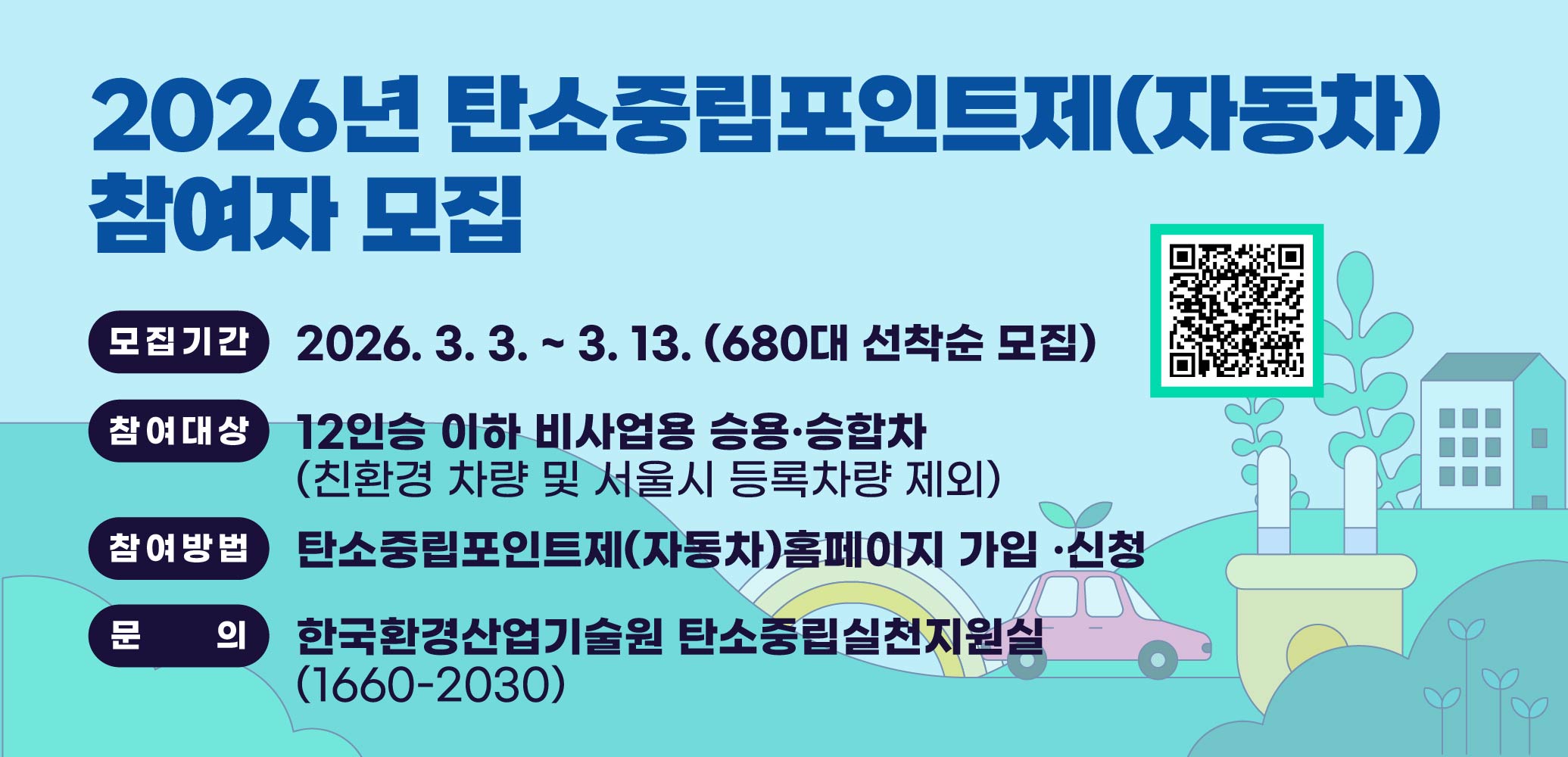 함께 해요, 탄소중립포인트제(자동차)!
○ 모집기간 : 2026. 3. 3. ~ 3. 13. (680대 선착순 모집)
○ 참여대상 : 12인승 이하 비사업용 승용·승합차
(친환경 차량 및 서울시 등록차량 제외)
○ 참여방법 : 탄소중립포인트제(자동차)홈페이지 가입 ·신청
○ 문   의 : 한국환경산업기술원 탄소중립실천지원실
             (1660-2030)