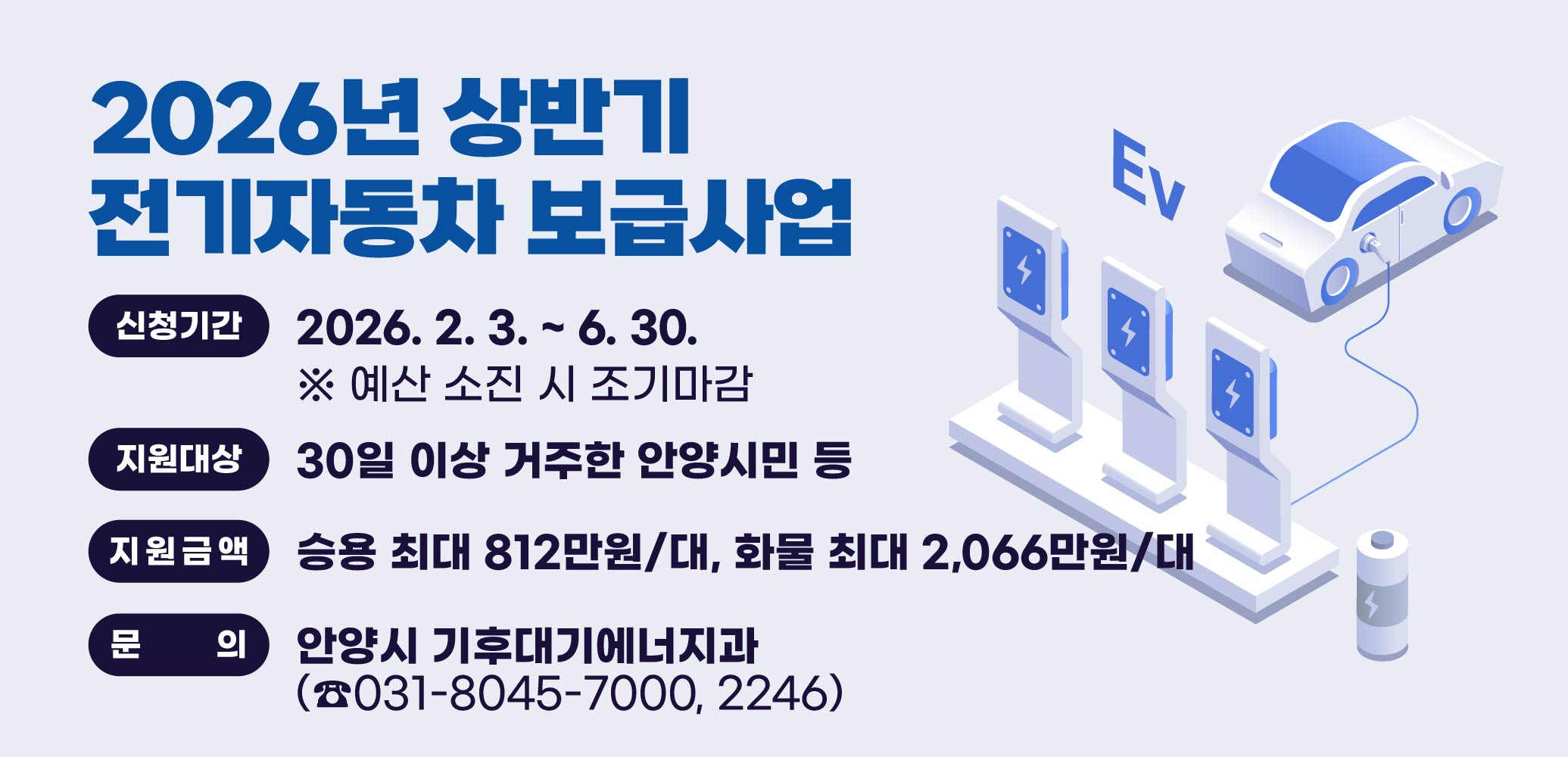 2026년 상반기 전기자동차 보급사업
○ 신청기간 : 2026. 2. 3. ~ 6. 30. ※ 예산 소진 시 조기마감
○ 지원대상 : 30일 이상 거주한 안양시민 등
○ 지원금액 : 승용 최대 812만원/대, 화물 최대 2,066만원/대 
○ 문   의 : 안양시 기후대기에너지과(☎031-8045-7000, 2246)
