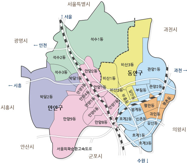 행정구역을 나타내는 지도입니다. 안양을 중심으로 서울특별시, 과천시, 의왕시, 쿤포시, 안산시, 시흥시, 광명시가 인접해있으며 만안구, 동안구로 나누어져있습니다. 만안구 - 석수1동, 석수2동, 석수3동, 박달1동, 박달2동, 안양1동, 안양2동, 안양3동, 안양4동, 안양5동, 안양6동, 안양7동, 안양8동, 안양9동 / 동안구 - 비산1동, 비산2동, 비산3동, 부흥동, 달안동, 관양1동, 관양2동, 부림동, 평안동, 평촌동, 귀인동, 범계동, 신촌동, 갈산동, 호계1동, 호계2동, 호계3동 으로 나뉘어져있습니다.
