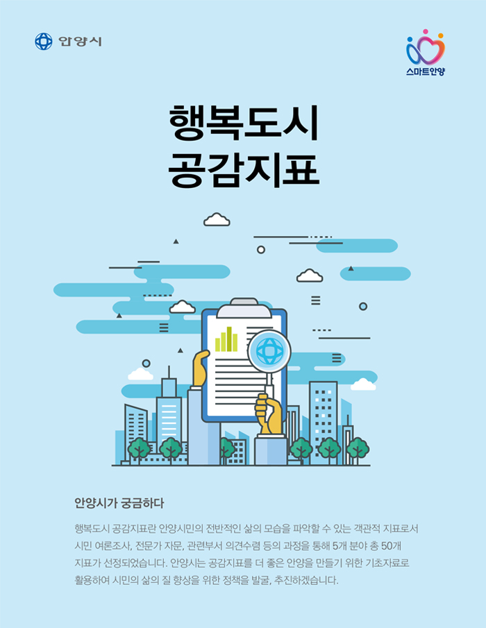 행복도시 공감지표. 안양시가 궁금하다. 행복도시 공감지표란 안양시민의 전반적인 삶의 모습을 파악할 수 있는 객관적 지표로서 시민 여론조사, 전문가 자문, 관련부서 의견수렴 등의 과정을 통해 5개 분야 총 50개 지표가 선정되었습니다. 안양시는 공감지표를 더 좋은 안양을 만들기 위한 기초자료로 활용하여 시민의 삶의 질 향상을 위한 정책을 발굴, 추진하겠습니다.